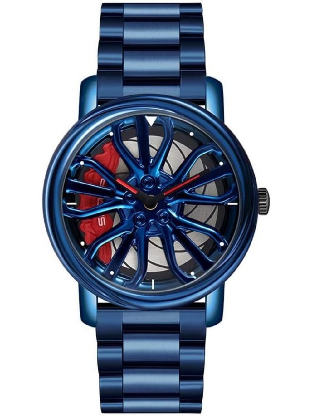 Men's Blue Creative 3D Spinning Car Wheel Rotating Stainless Steel Strap Watch